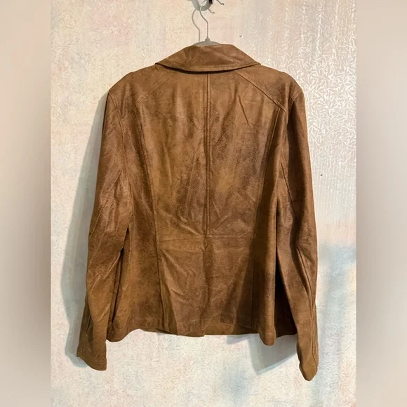 Chicos Jacket Women Medium Brown Distressed Double Breasted Faux Leather Moto 2 - Picture 2 of 9